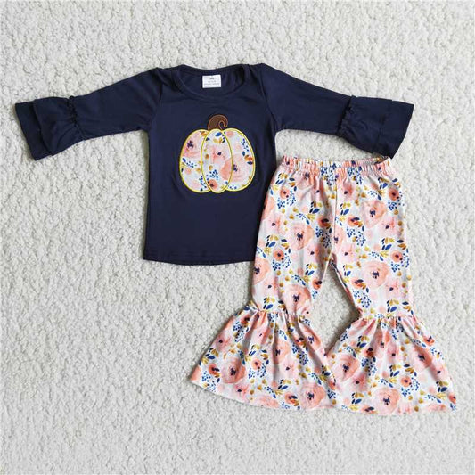 6 A9-15 Girls Pumpkin Embroidered Dark Blue Long Sleeve Top with Flared Pants