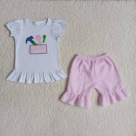 B3-1  White embroidered short-sleeved top with pink shorts