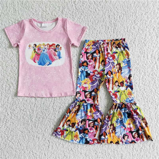 B7-22  Anime image printed little girl Printed pink short-sleeved top with colorful printed flared pants