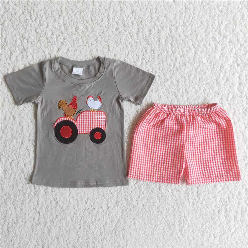 C6-4  Rooster Hen Tractor Embroidered Grey Short Sleeve Top with Red and White Plaid Shorts