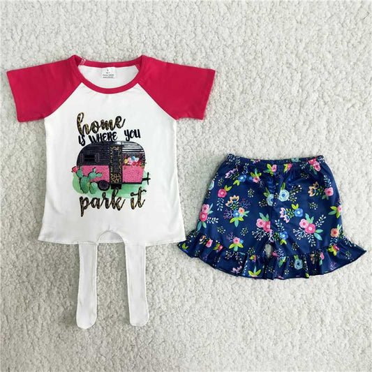 RTS girls clothes new arrive navy blue floral dining car kids clothing sets lovely toddler baby girl outfit