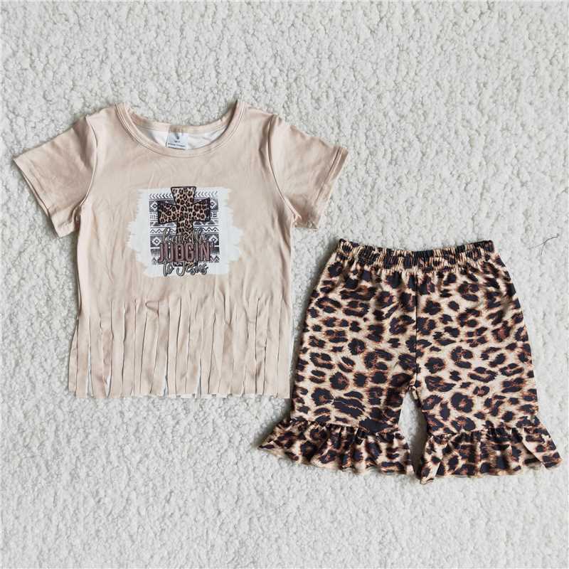 RTS girls clothes new cross leopard girl summer wear kids clothing sets lovely toddler baby girl outfit