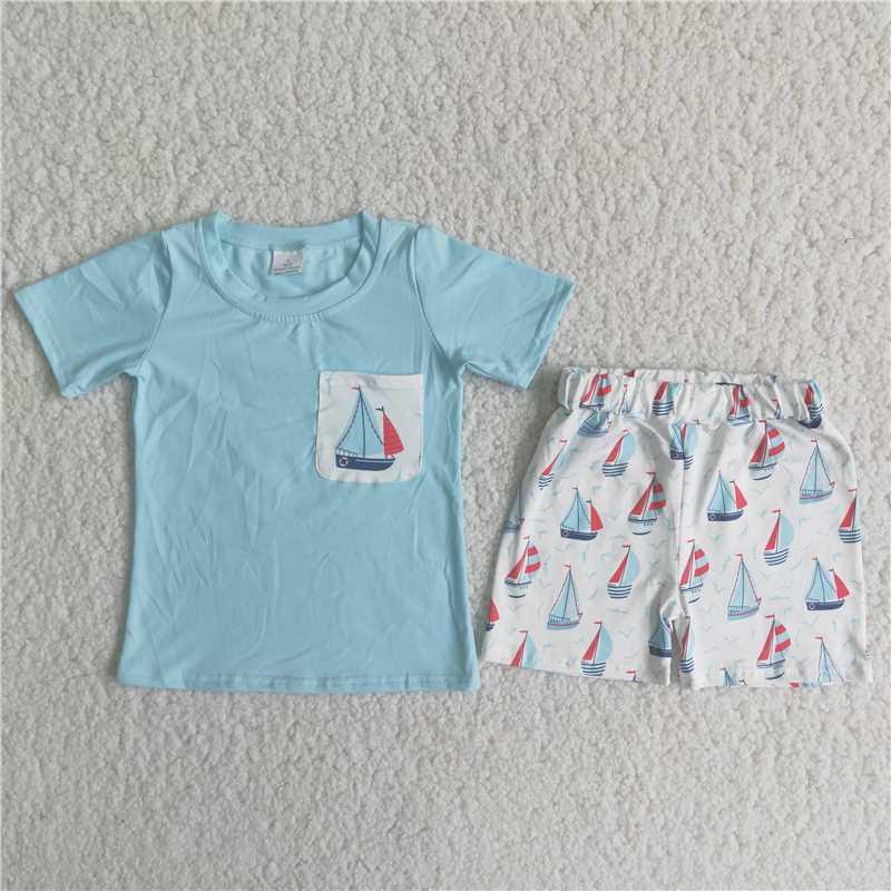 A7-11 Blue short-sleeved top with pockets printed short-sleeved top with boat print white shorts