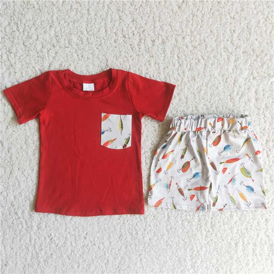 A13-12  Red Short Sleeve Top with Pockets and Fishing Rod Print White Shorts Set