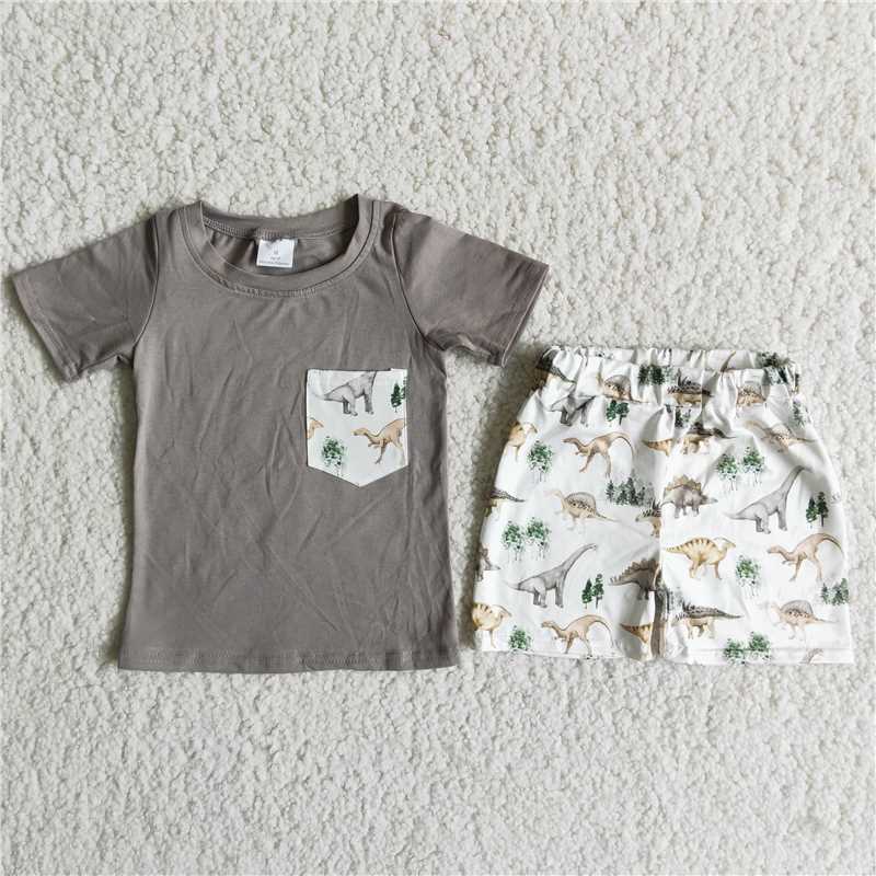 D11-12  Grey Dinosaur Print Pocket Short Sleeve Top with Printed White Shorts Set