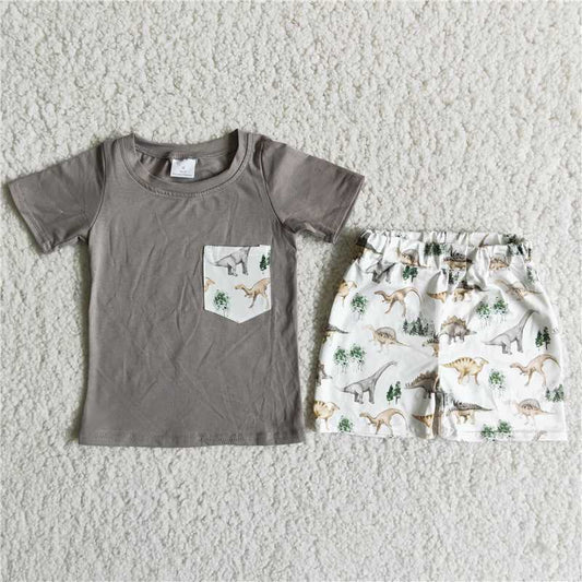 D11-12 Grey Dinosaur Print Pocket Short Sleeve Top with Printed White Shorts Set