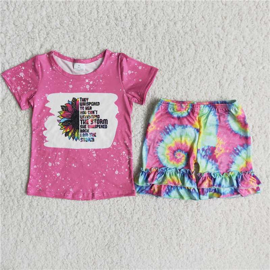 C14-40 Purple letter print short-sleeved top with colorful patterned shorts