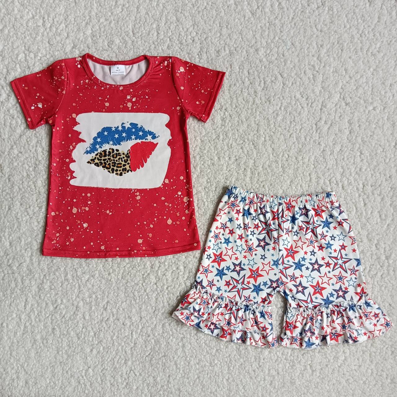 B18-15 Independence Day Red Print Short Sleeve Top with Star Shorts