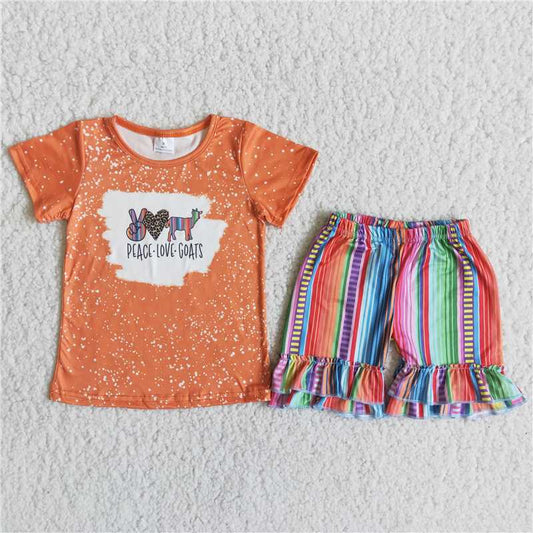 C14-22 Orange short-sleeved top with colorful vertical striped shorts