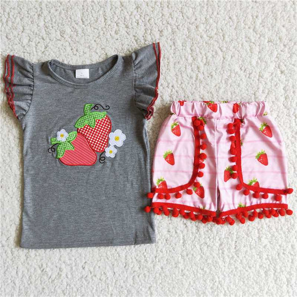 RTS girls clothes new strawberry embroidery cotton girl summer wear kids clothing sets lovely toddler baby girl outfit