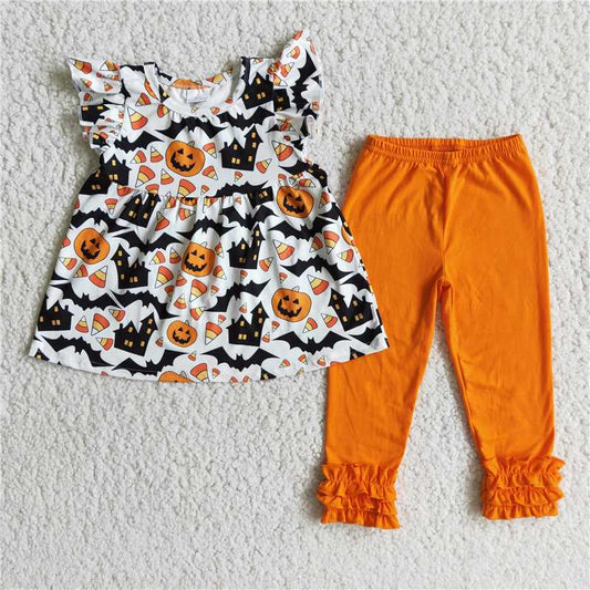 RTS NO MOQ(In Stock ) E3-5 Halloween Pumpkin Print Top with Orange Trousers