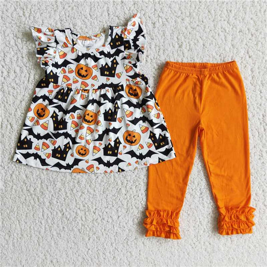 E3-5 Pumpkin print short-sleeved top with yellow trousers, halloween