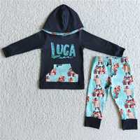 6 C8-5 	Boys black hooded long sleeves with blue printed trousers