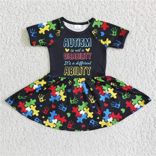 D3-11 Black Alphabet Puzzle Print Short Sleeve Dress