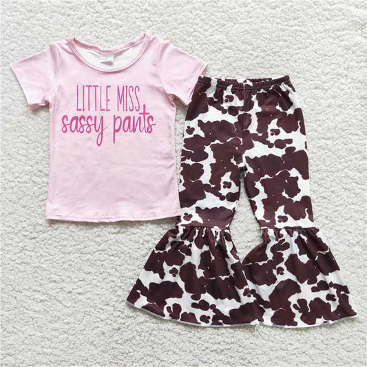 2022 new design infant girl's short sleeve cow pattern bells outfit kids clothing child boutique baby kids clothes