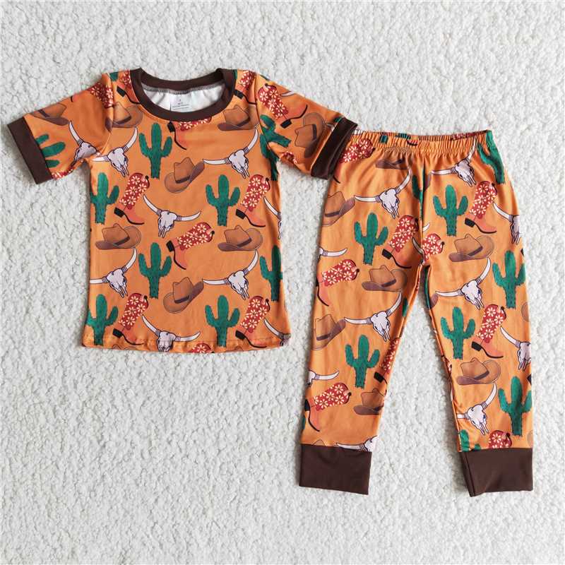 E8-11    Cactus Print Orange Short Sleeve Top with Trousers for Boys