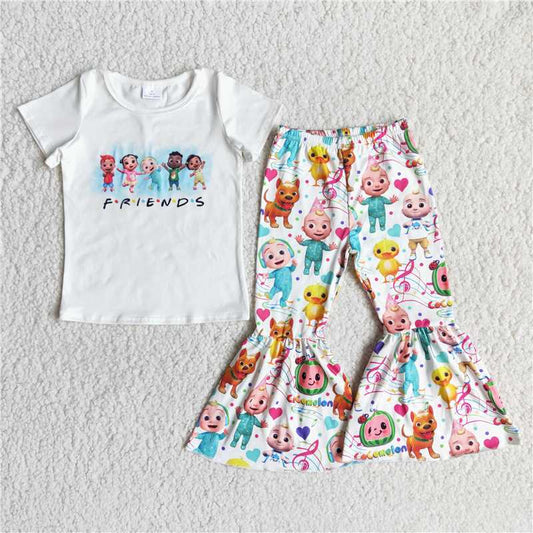 E13-4 Cartoon-print short-sleeved top with flared pants