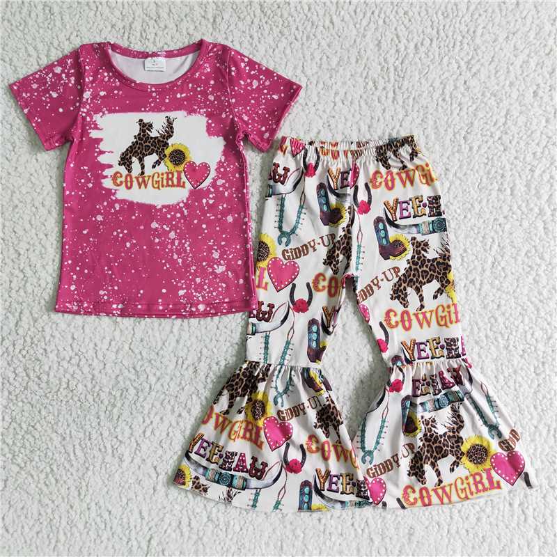 C1-27 Rose red printed short-sleeved top with horse-print flared trousers