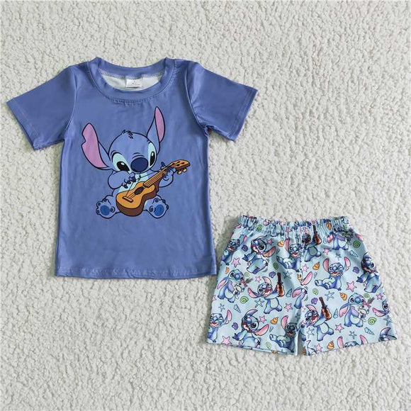 BSSO0027New boys cartoon blue short sleeve shorts suit