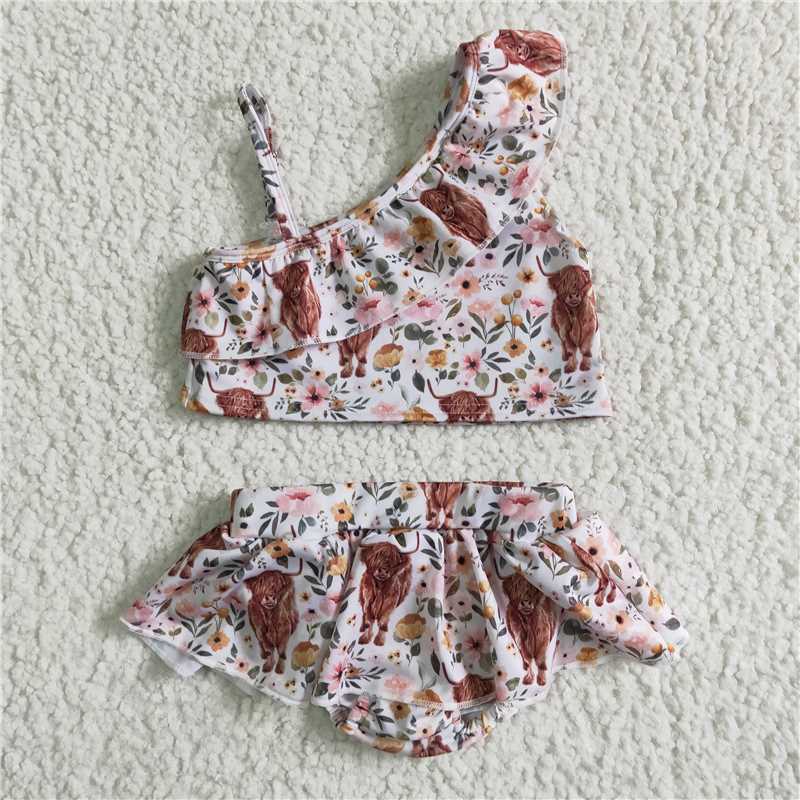 S0017 Girls cow pollen suspenders shorts swimsuit set