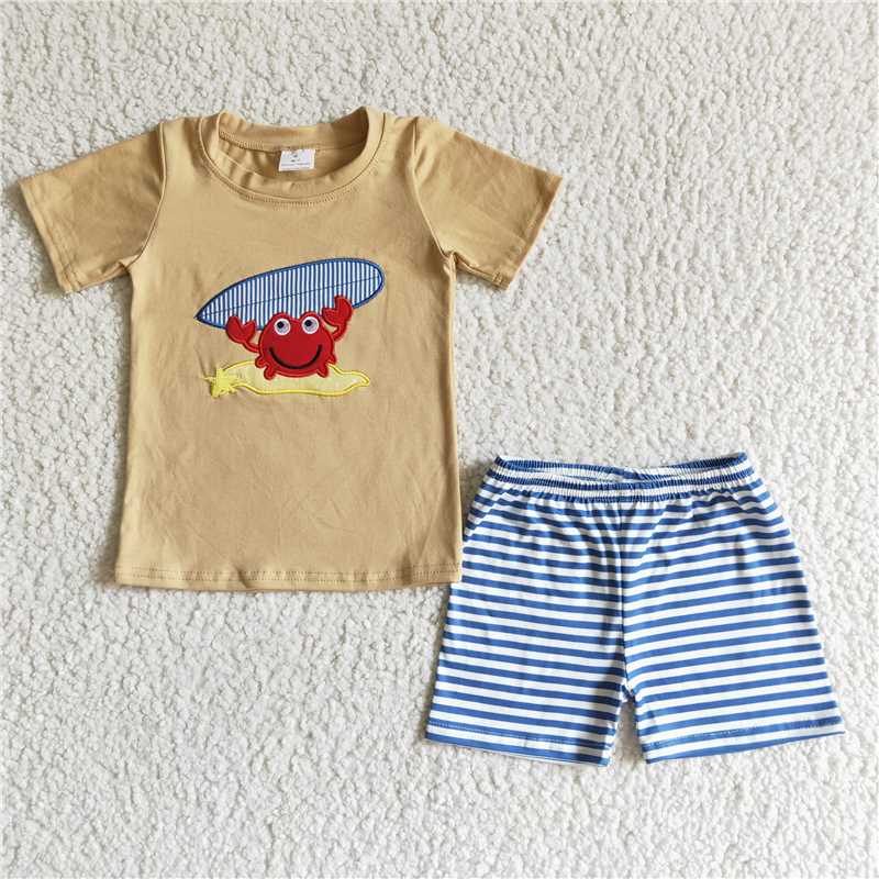 BSSO0003   Crab embroidered light brown short-sleeved top with blue and white striped shorts