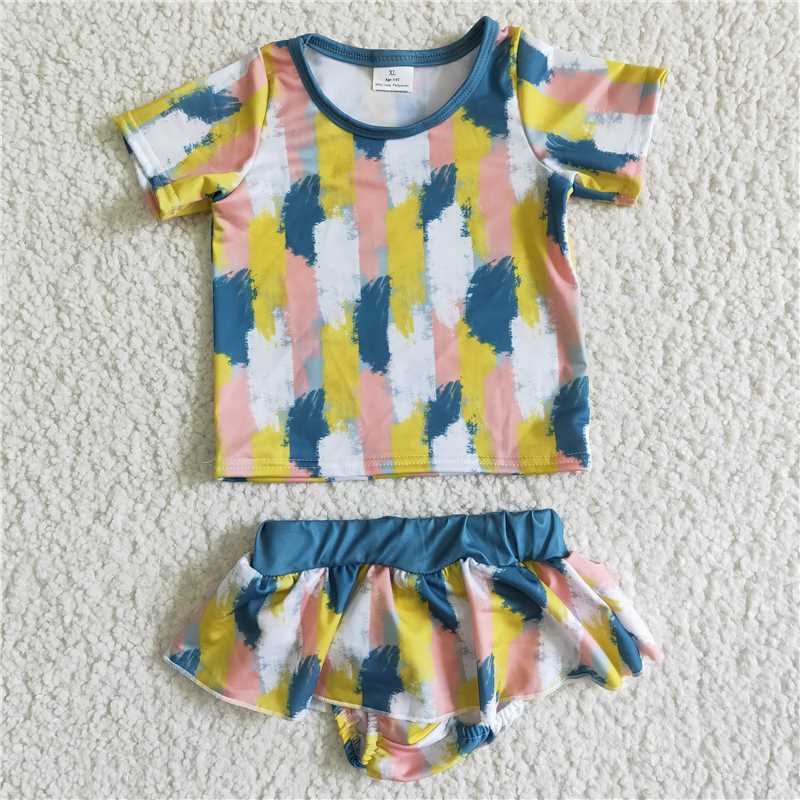 S0018 Colorful Yellow White Pink Blue Short Sleeve Shorts Swimsuit Set