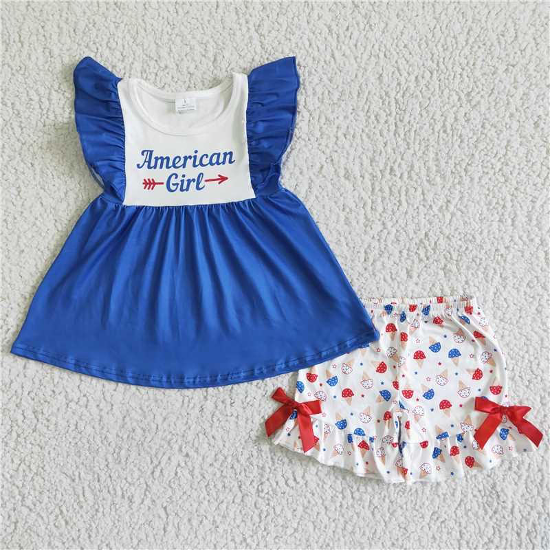 GSSO0042   Letter-print blue fly-sleeve short-sleeved top with printed white shorts