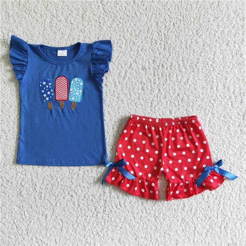 GSSO0090Summer new girls' embroidery Popsicle flying sleeve bow shorts fashion cute set wholesale price