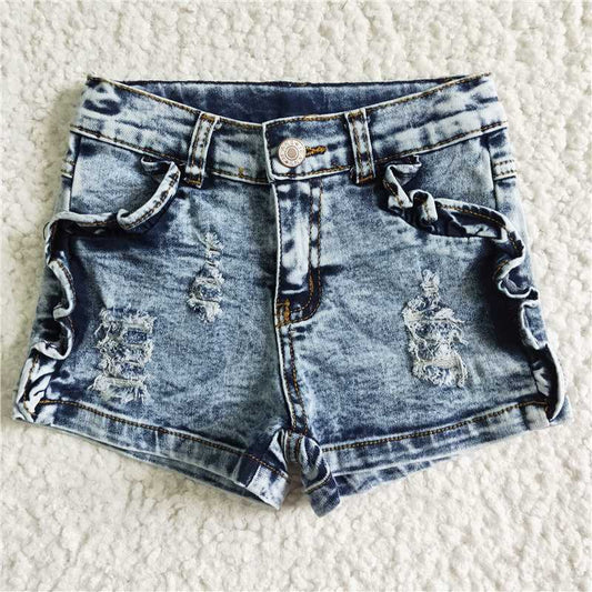 SS0011 Girls Denim Light Blue Denim Blue Ripped Shorts