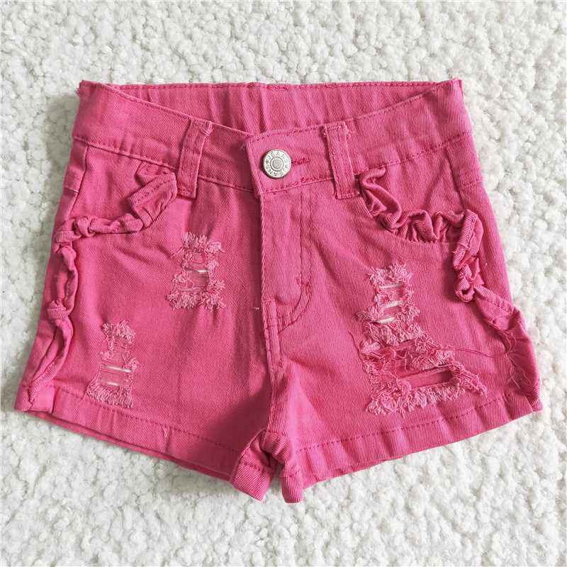 SS0013 Girls Denim Rose Red Ripped Shorts