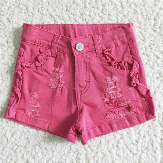 SS0013 Girls Denim Rose Red Ripped Shorts