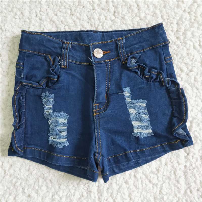 SS0014 Girls Denim Dark Blue Ripped Shorts