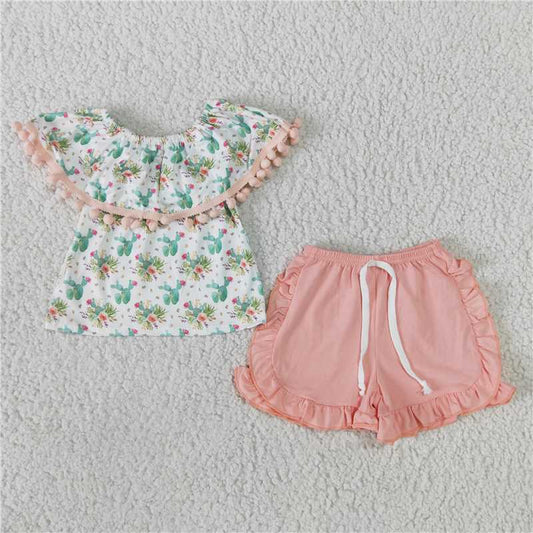 GSSO0103 Girls cactus One-line Shoulder Shorts Pink Bow suit