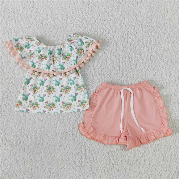 GSSO0103 Girls cactus One-line Shoulder Shorts Pink Bow suit