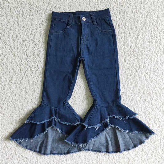 P0007Dark blue denim pants with double lace raw edge