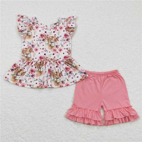 GSSO0133 Girls Alpine Cow Flower Flying Sleeve Shorts Suit Pink