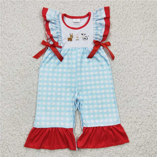 SR0179 Girls Embroidered cow, horse and sheep blue jumpsuit with flying sleeves