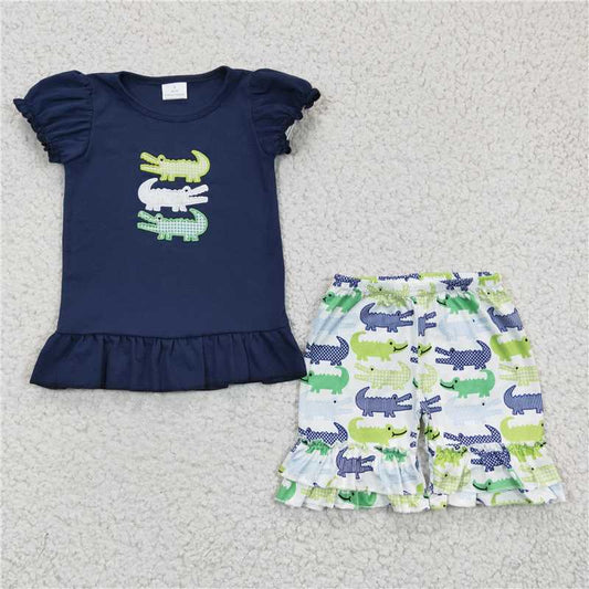 GSSO0159Girl Embroidery Crocodile navy blue short sleeve shorts suit