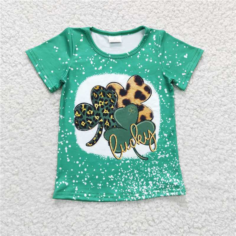 GT0109Girls green four-leaf clover Short sleeve top