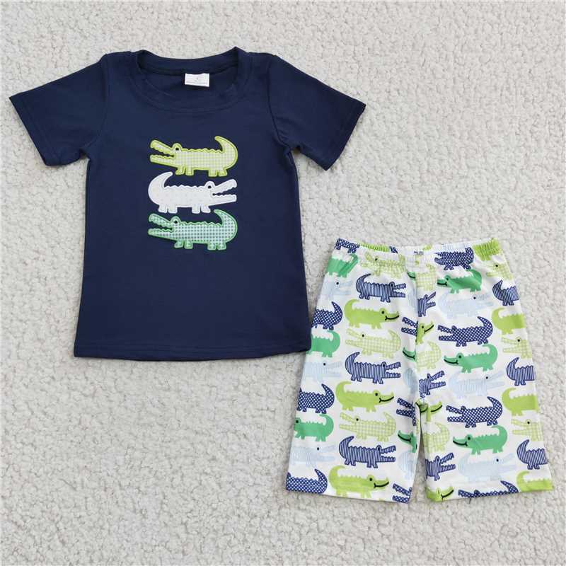 BSSO0132Boy's embroidered crocodile navy blue short sleeve shorts suit