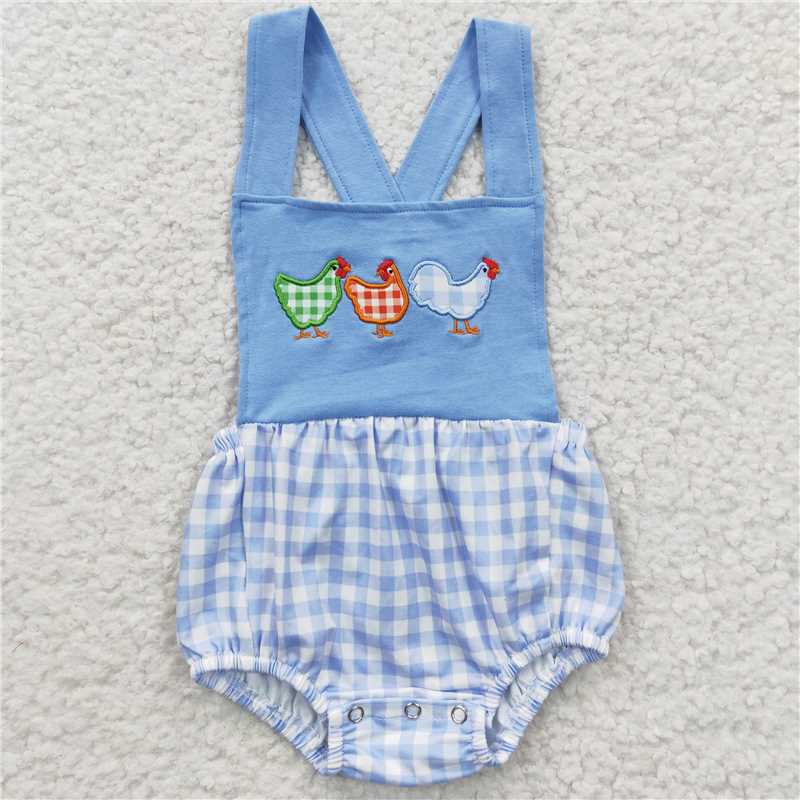 SR0286Wholesale Price Spot Boys Embroidery Rooster blue checked camisole fashion cute onesie