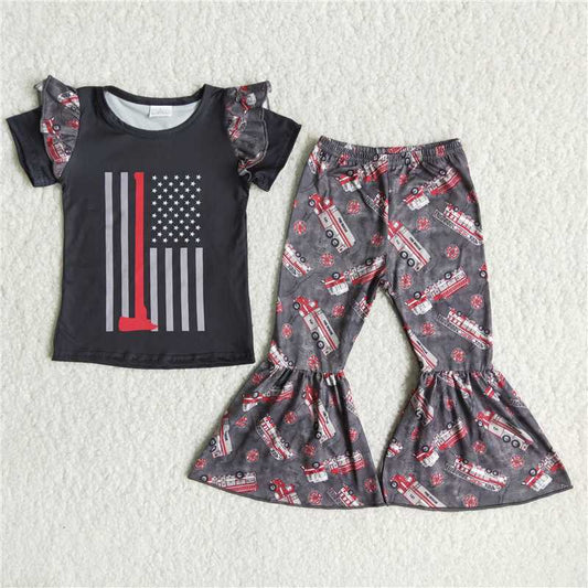 C7-24 Grey Short Sleeve Top with Fire Truck Graphic Flared Pants