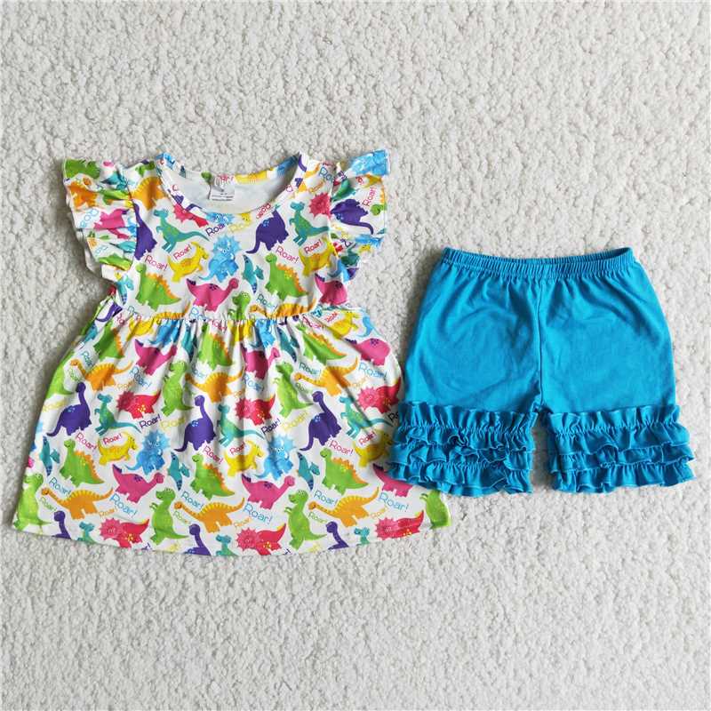 D11-27   Colorful dinosaur print short-sleeved top with blue shorts