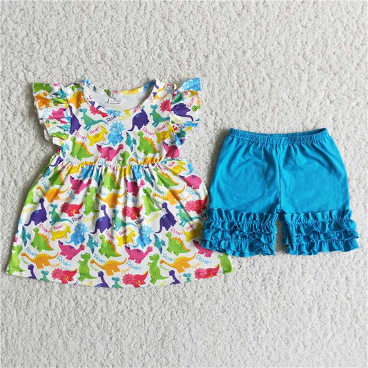 D11-27   Colorful dinosaur print short-sleeved top with blue shorts