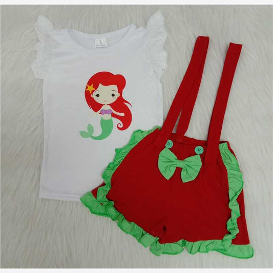 C3-11 White cartoon character print short-sleeved top with red and green colorblock overalls