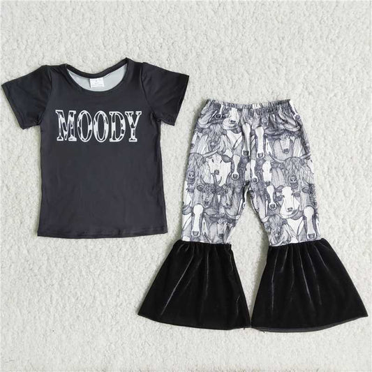 C4-15 Black short-sleeved monogram print top with cow's head graphic print panelled black flared pants