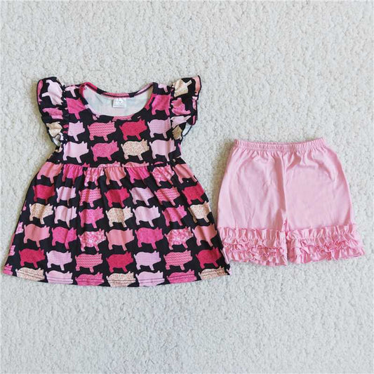 C11-6   New Pink Animal Print Short Sleeve Top with Pink Shorts