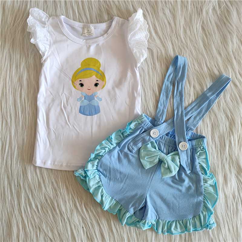 A4-3 Cute movie character print white short-sleeved top with blue butterfly overalls