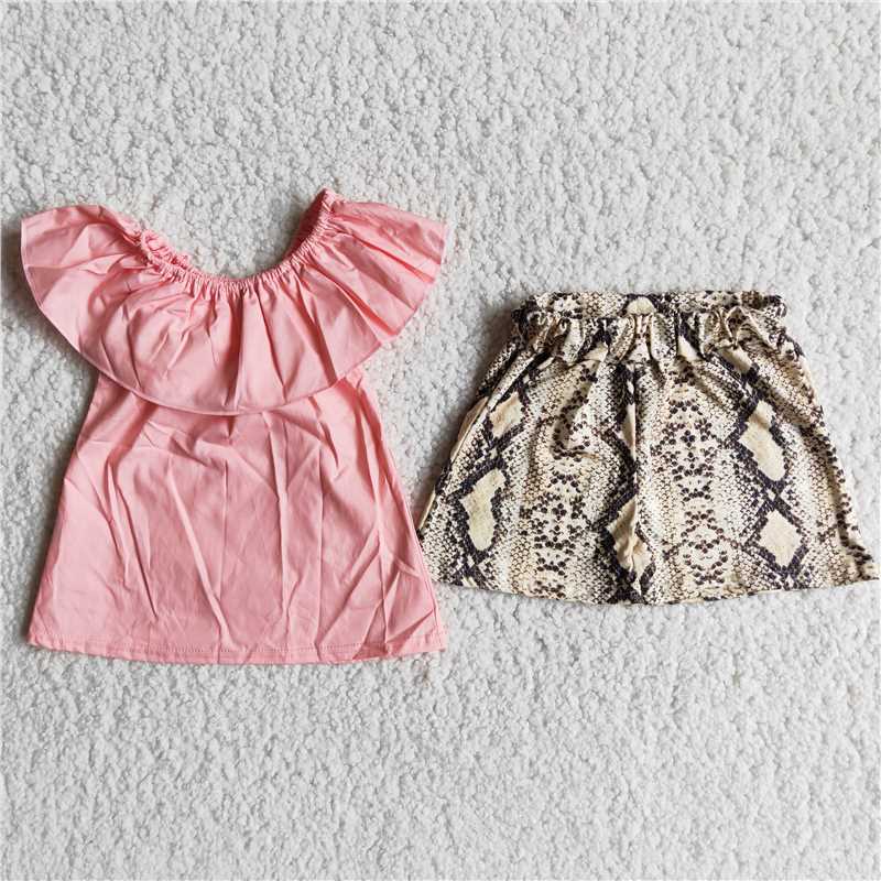 C8-7   Pink Sleeveless Top with Yellow Snakeskin Print Shorts