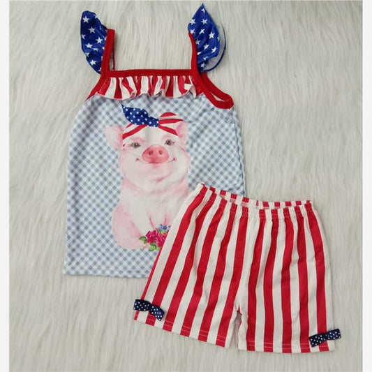 RTS girls clothes 4th of july pig girl summer wear kids clothing sets lovely toddler baby girl outfit